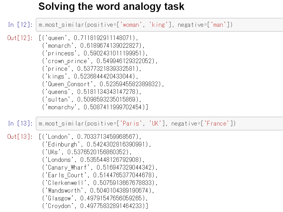 Loading word vectors pre-trained on English newspapers; computing similarity; word analogy